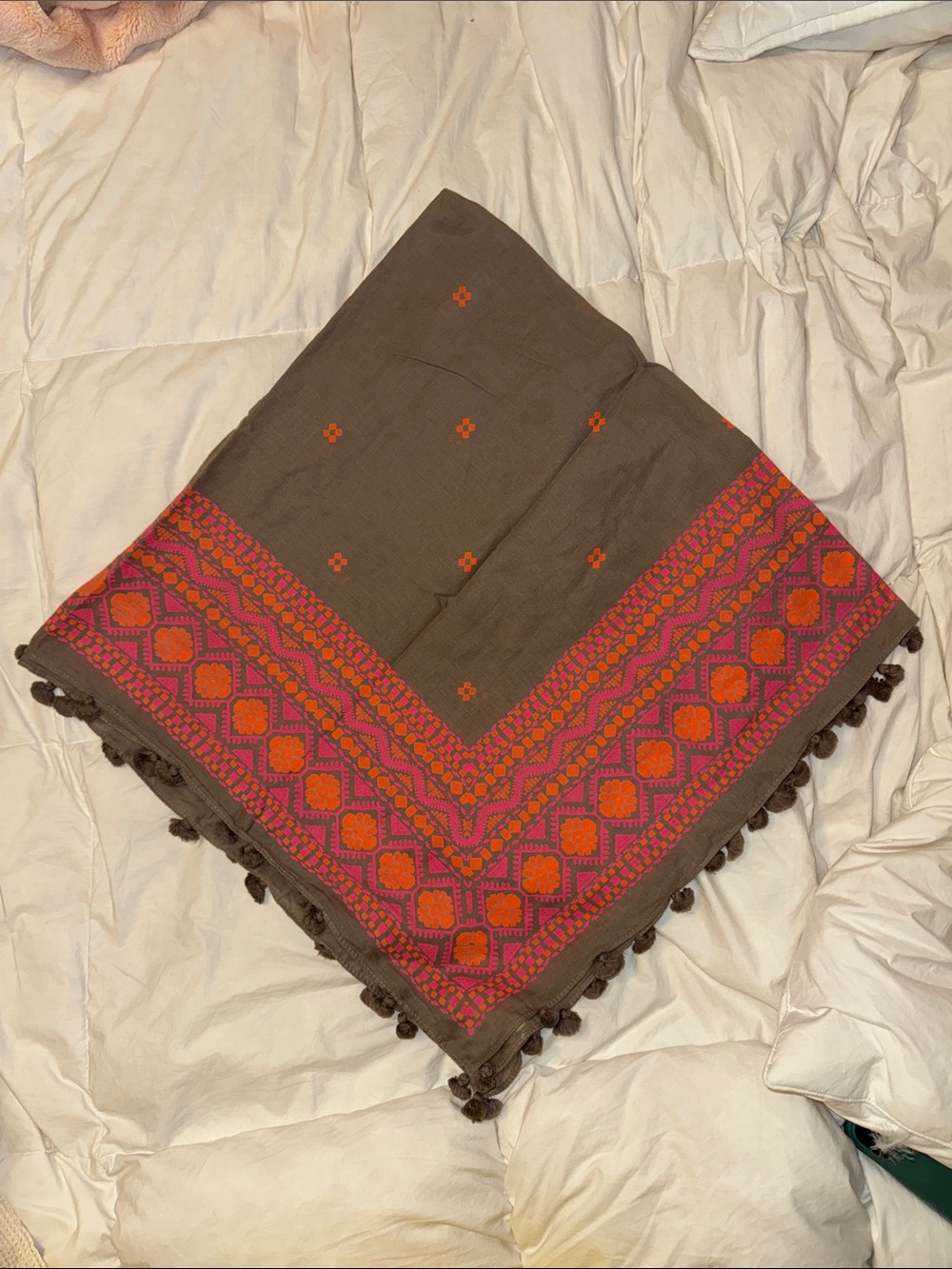 J Crew Brown Scarf with Pink & Orange Embroidered Border